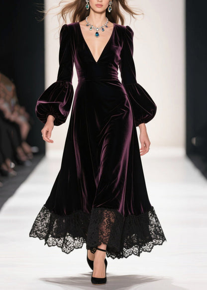 Deep V-Neck Bishop Sleeve Velvet Lace Hem Maxi Dress