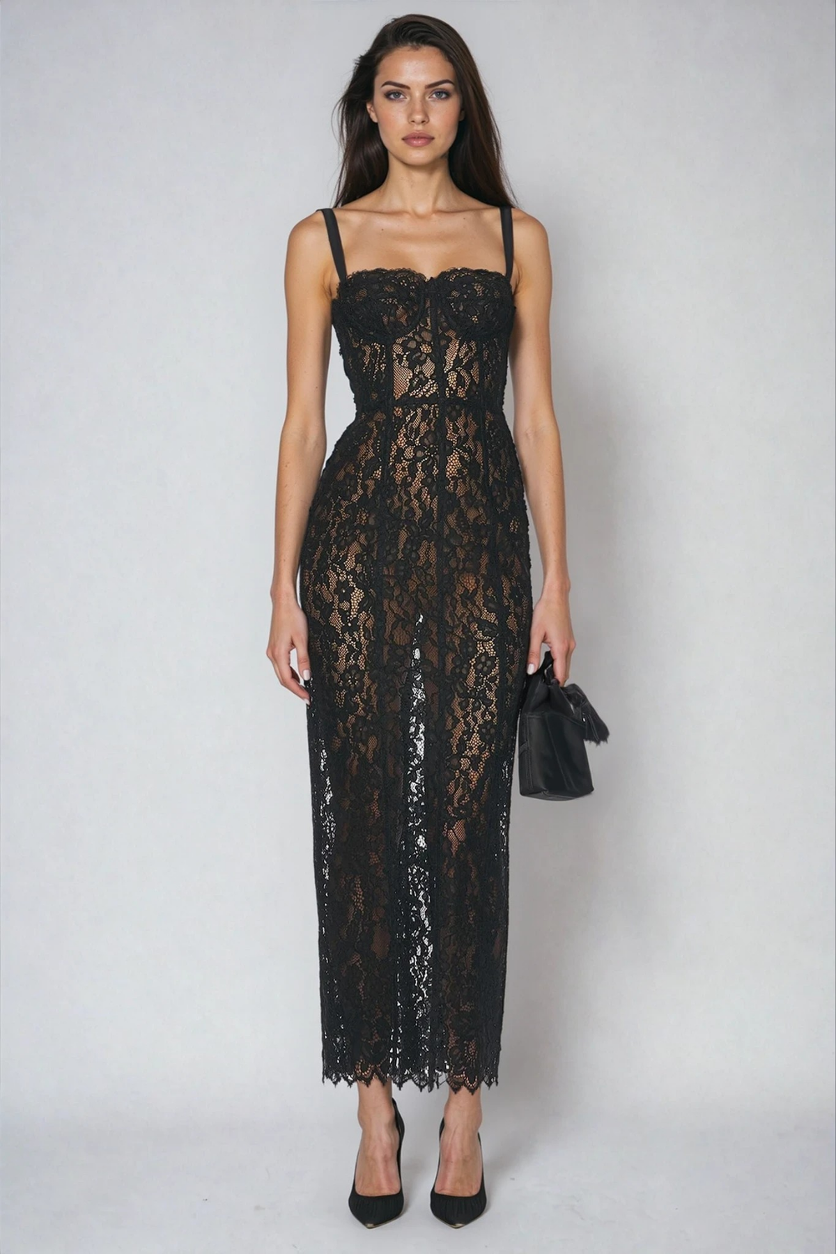 Sweetheart Bustier Floral Lace Bodycon Maxi Dress
