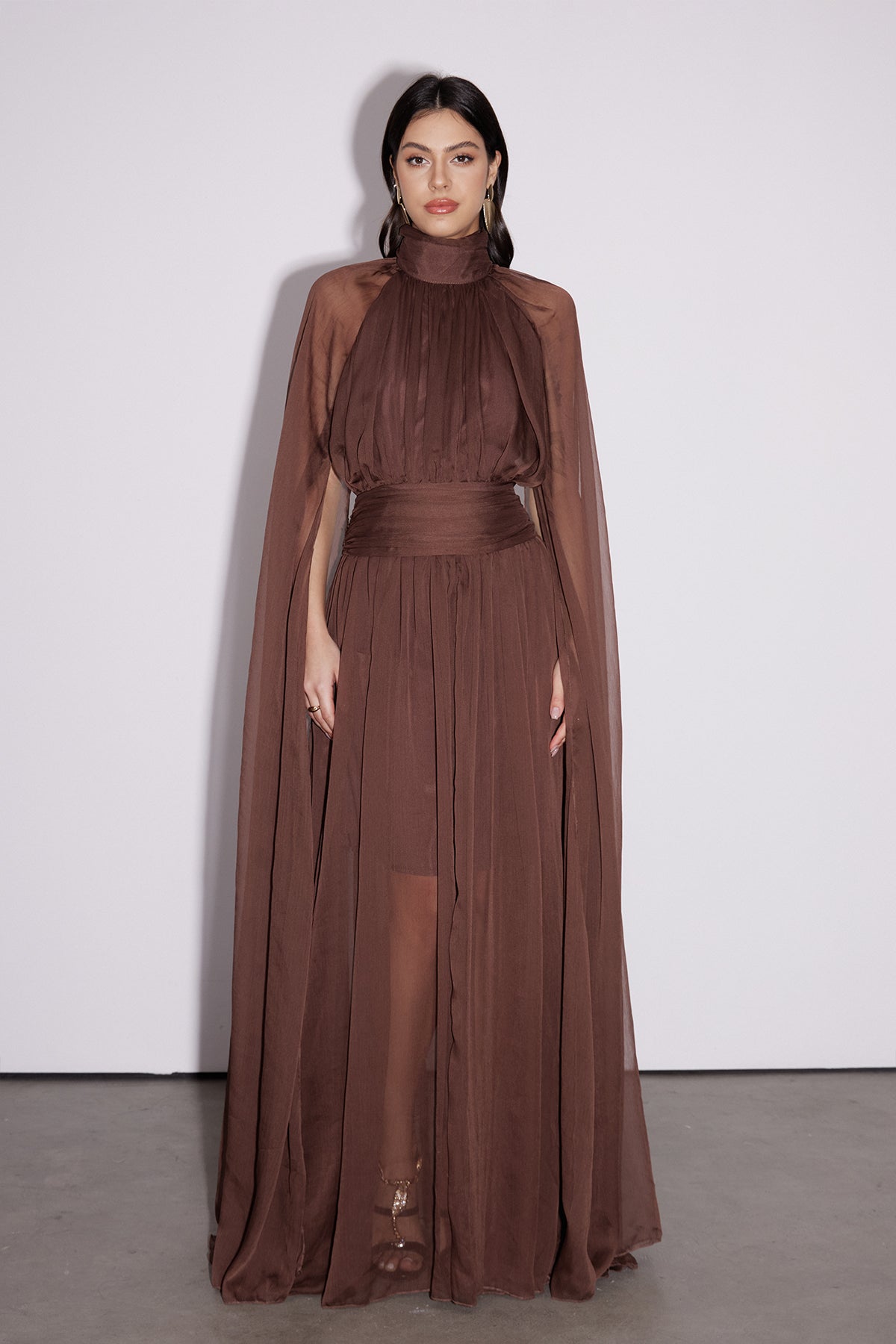 Mock Neck Ruched Waist Sheer Pleated Cape Maxi Gown