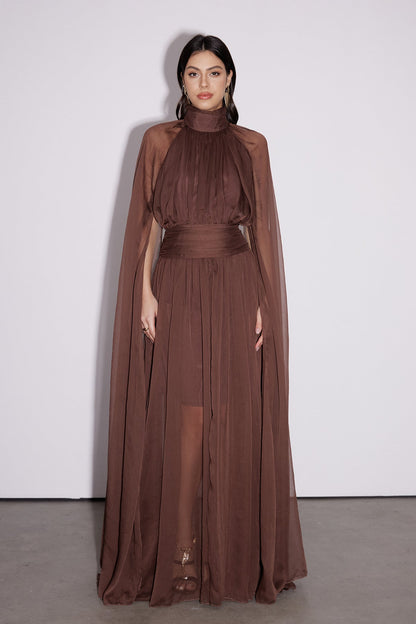 Mock Neck Ruched Waist Sheer Pleated Cape Maxi Gown