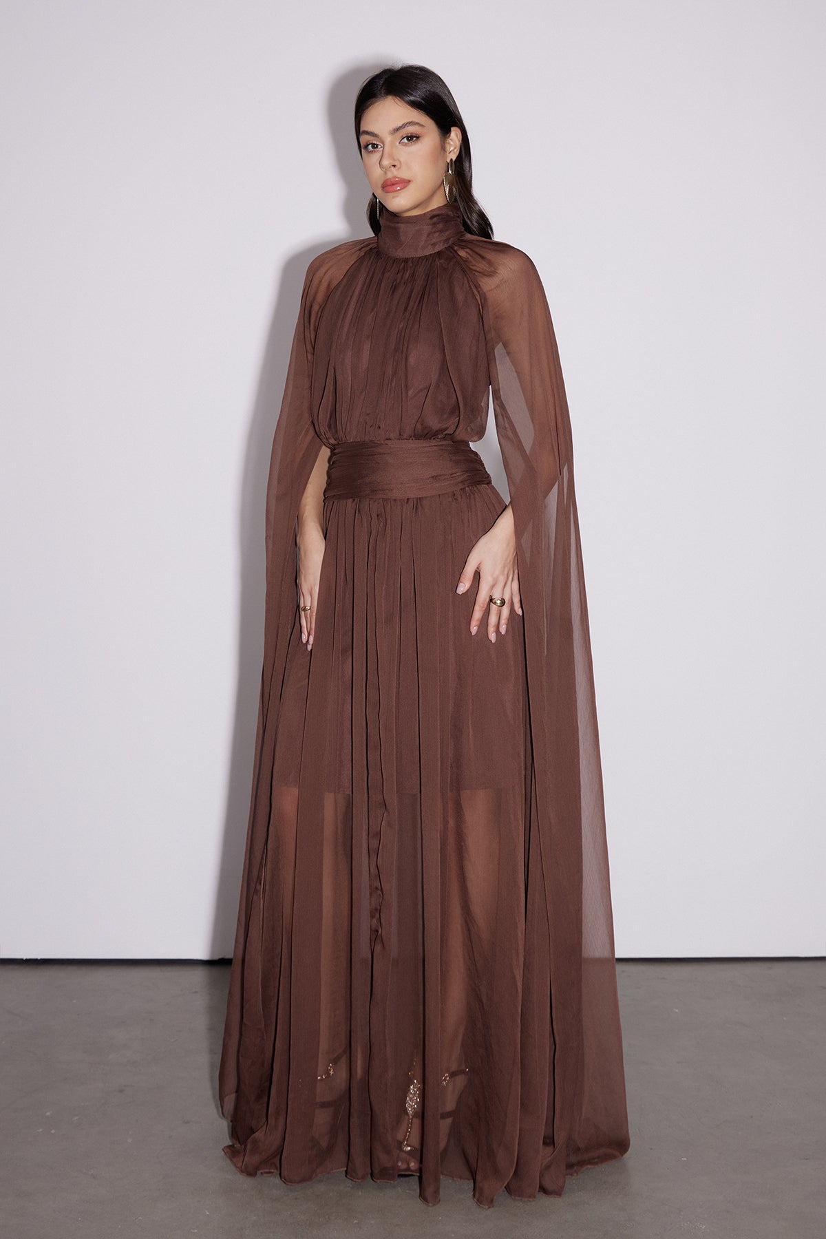 Mock Neck Ruched Waist Sheer Pleated Cape Maxi Gown