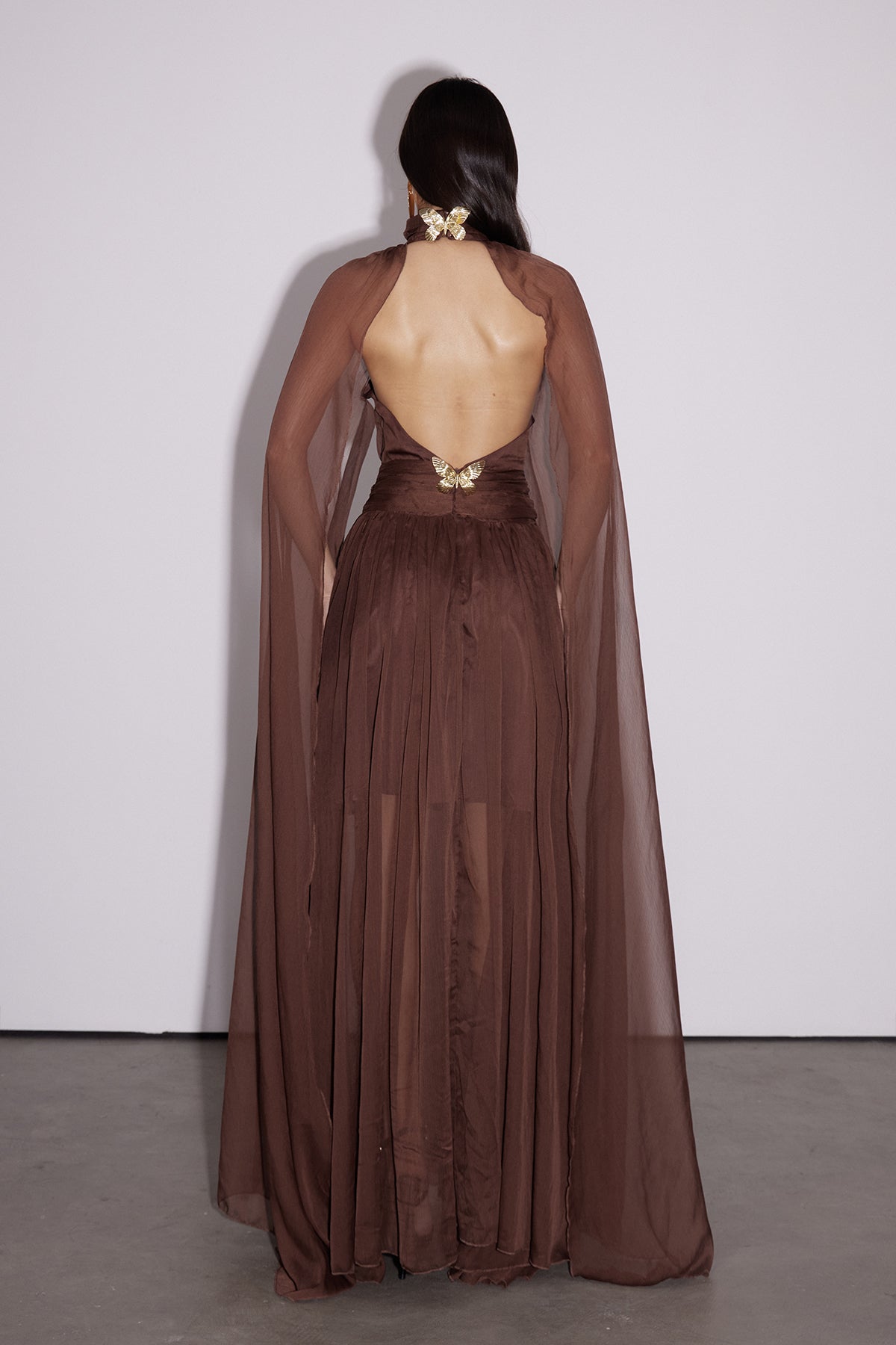 Mock Neck Ruched Waist Sheer Pleated Cape Maxi Gown