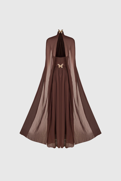 Mock Neck Ruched Waist Sheer Pleated Cape Maxi Gown