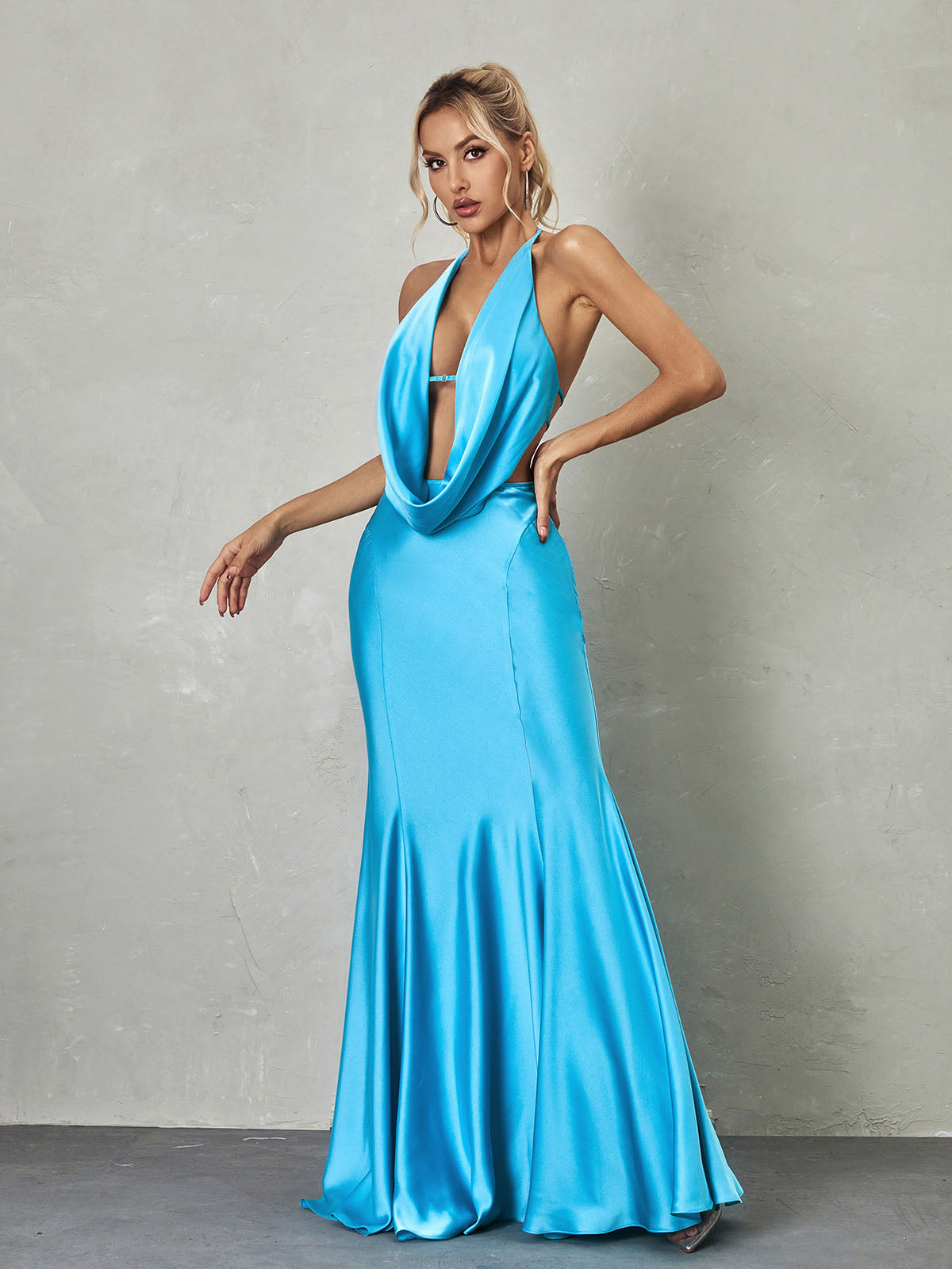 Draped Neck Satin Column Maxi Gown