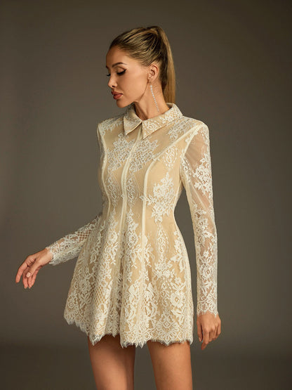 Pointed Collar Lace Overlay Long Sleeve Paneled Fit Flare Mini Dress
