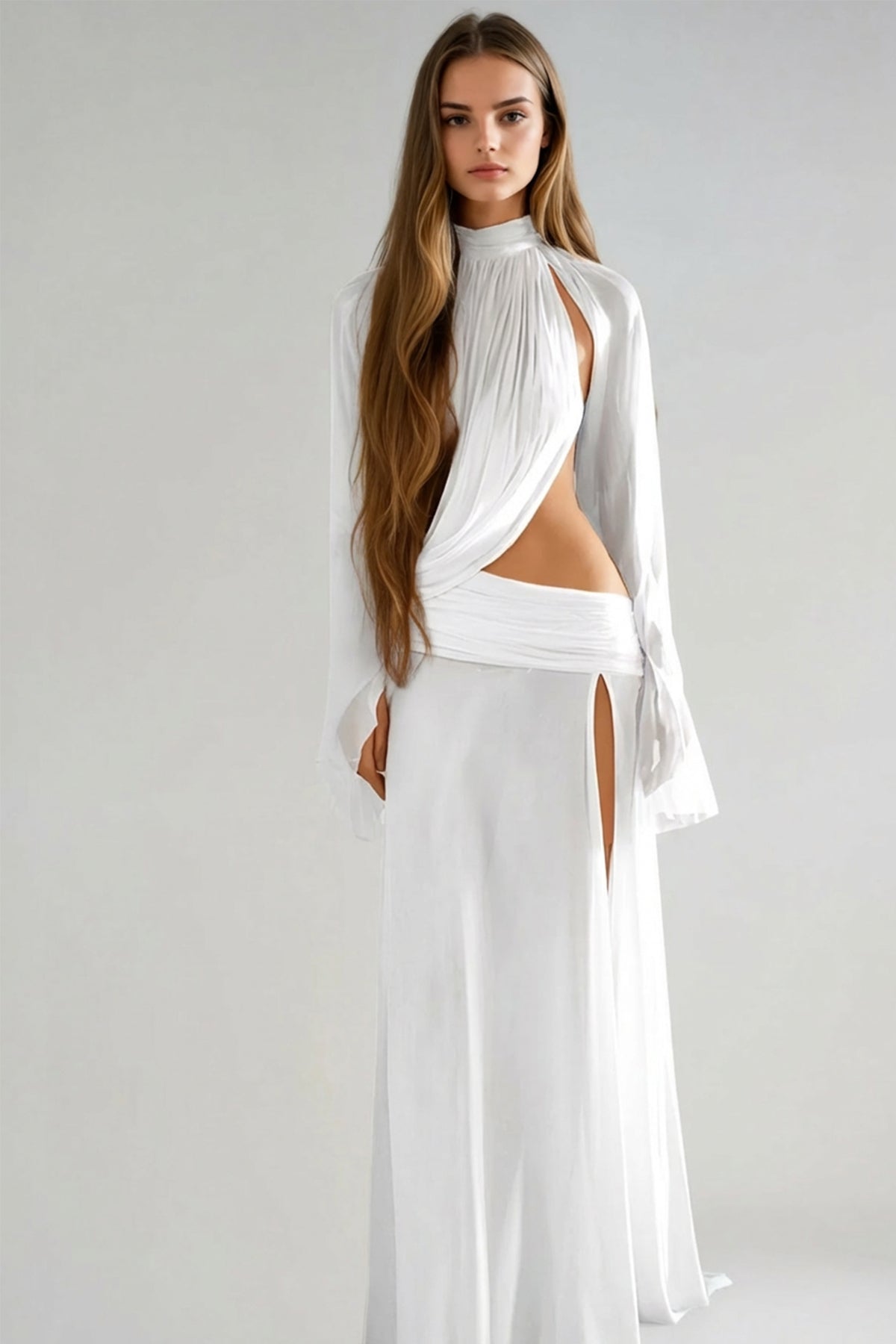 Long Sleeve Mock Neck Draped Cutout Ruched High Slit Maxi Dress