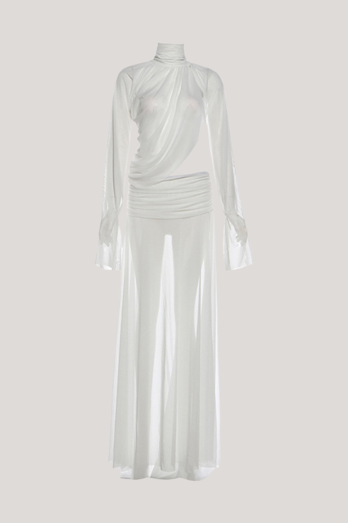 Long Sleeve Mock Neck Draped Cutout Ruched High Slit Maxi Dress