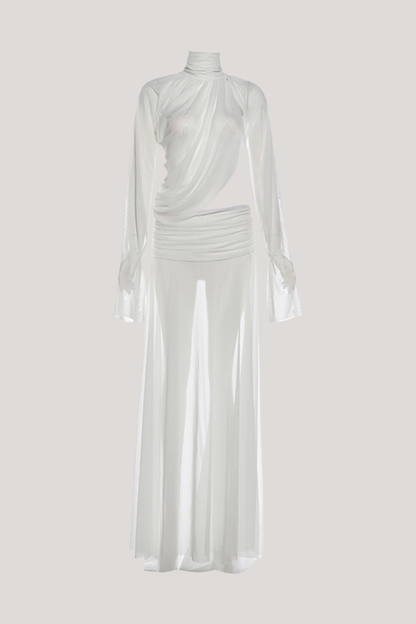 Long Sleeve Mock Neck Draped Cutout Ruched High Slit Maxi Dress