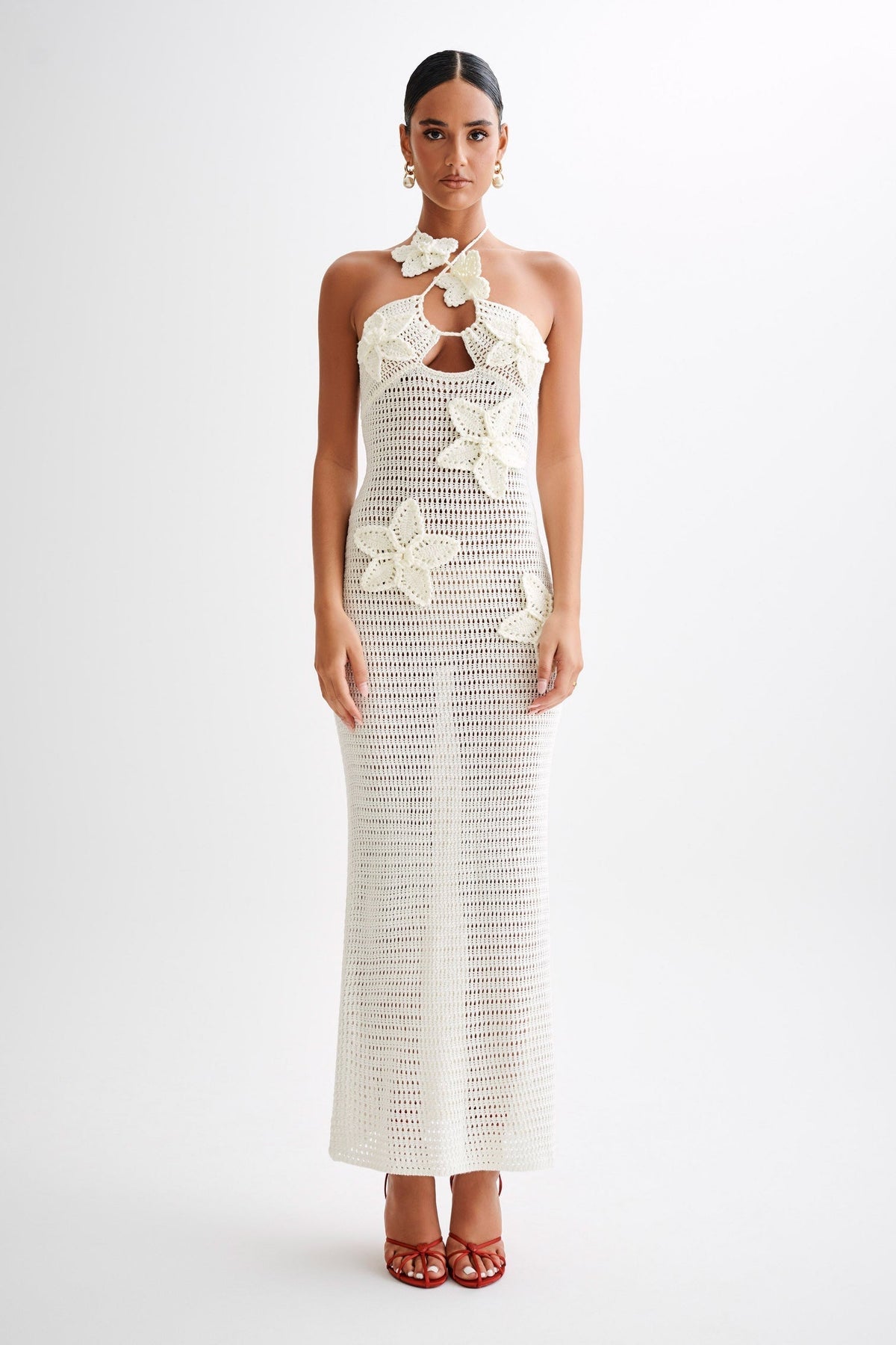 Halter Keyhole Crochet Floral Applique Bodycon Maxi Dress
