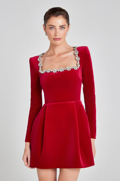 Square Neck Crystal Embellished Velvet Long Sleeve Mini Dress