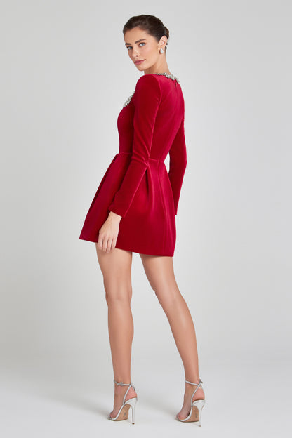 Square Neck Crystal Embellished Velvet Long Sleeve Mini Dress
