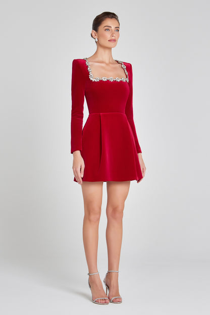 Square Neck Crystal Embellished Velvet Long Sleeve Mini Dress