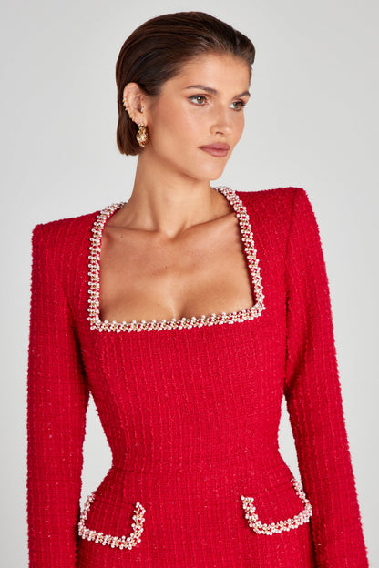 Square Neck Pearl Trim Padded Shoulder Boucle Pocket Flap Mini Dress
