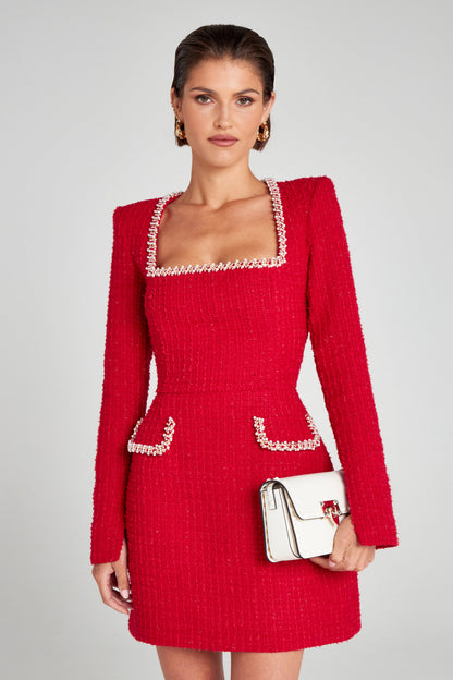 Square Neck Pearl Trim Padded Shoulder Boucle Pocket Flap Mini Dress