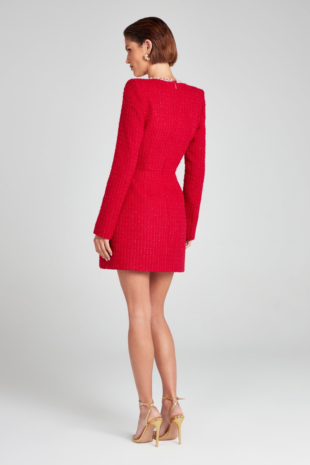 Square Neck Pearl Trim Padded Shoulder Boucle Pocket Flap Mini Dress