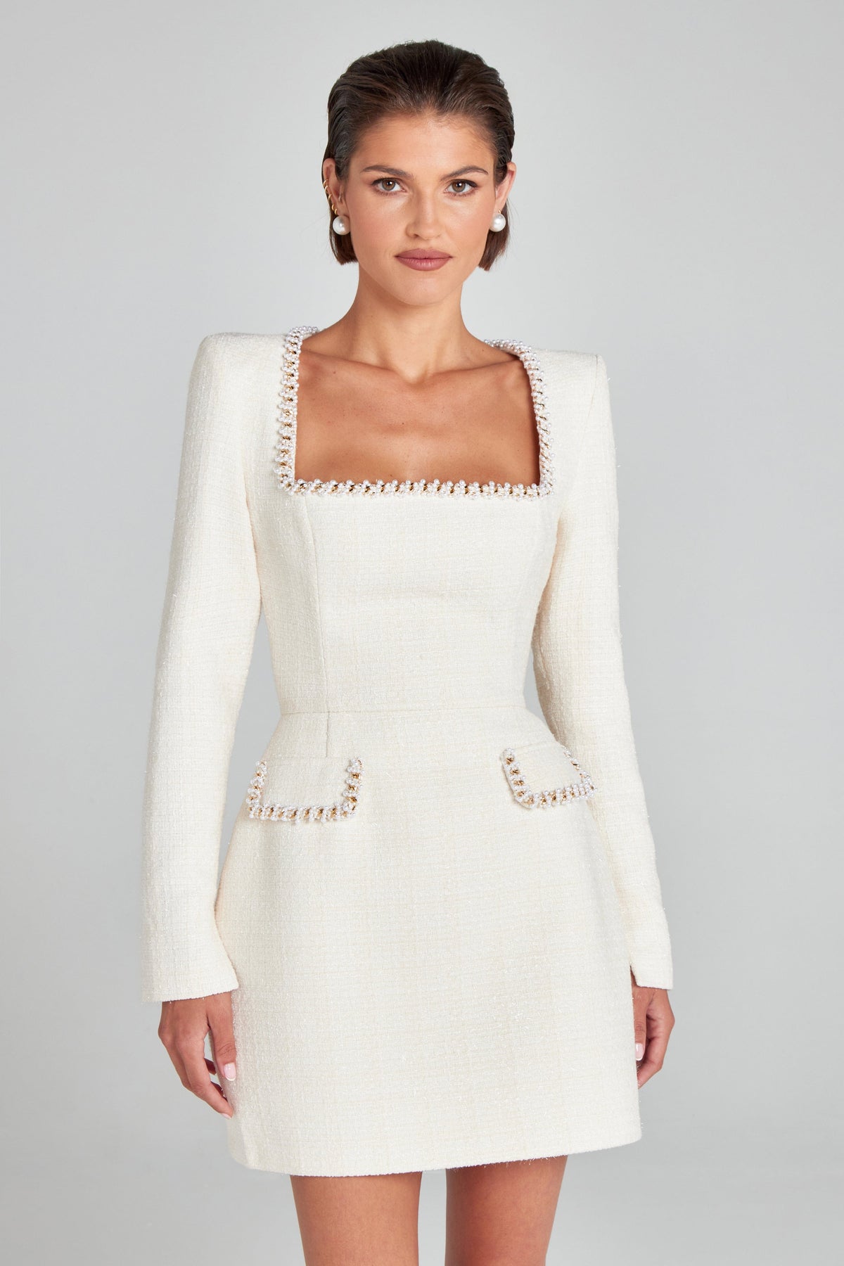 Square Neck Pearl Trim Padded Shoulder Boucle Pocket Flap Mini Dress