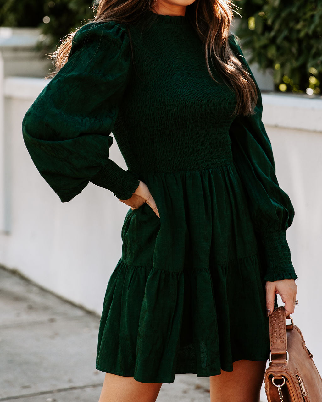 Mock Neck Smocked Balloon Sleeve Tiered Mini Dress