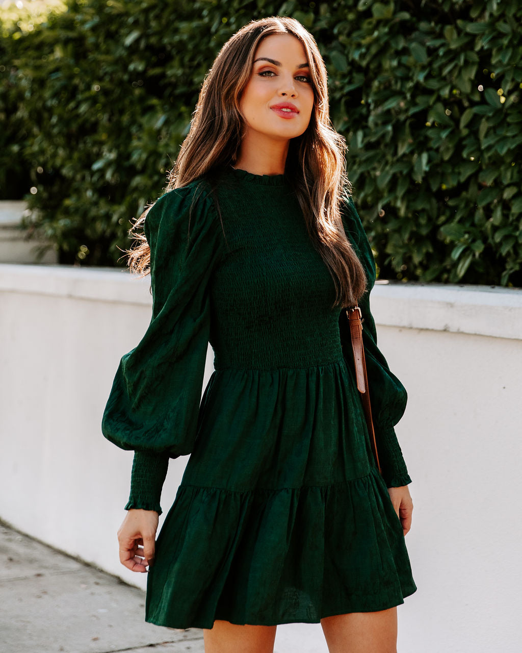 Mock Neck Smocked Balloon Sleeve Tiered Mini Dress