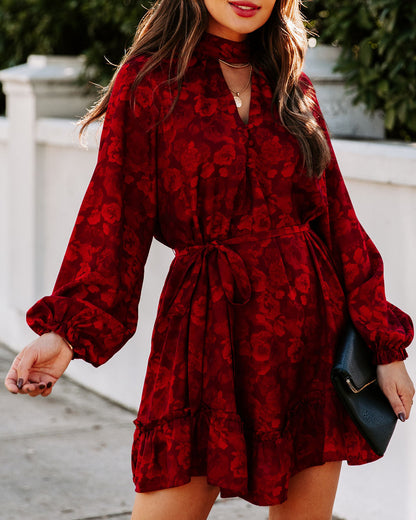 Mock Neck Keyhole Button Floral Jacquard Balloon Sleeve Tie Waist Mini Dress
