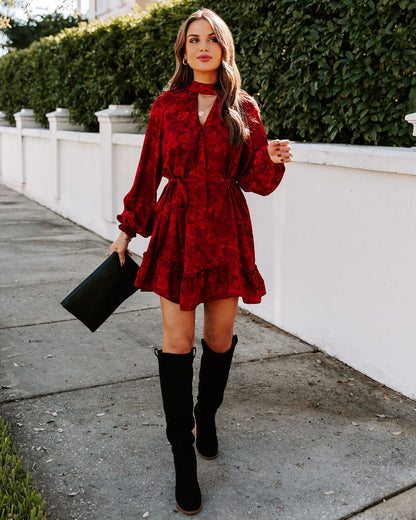 Mock Neck Keyhole Button Floral Jacquard Balloon Sleeve Tie Waist Mini Dress