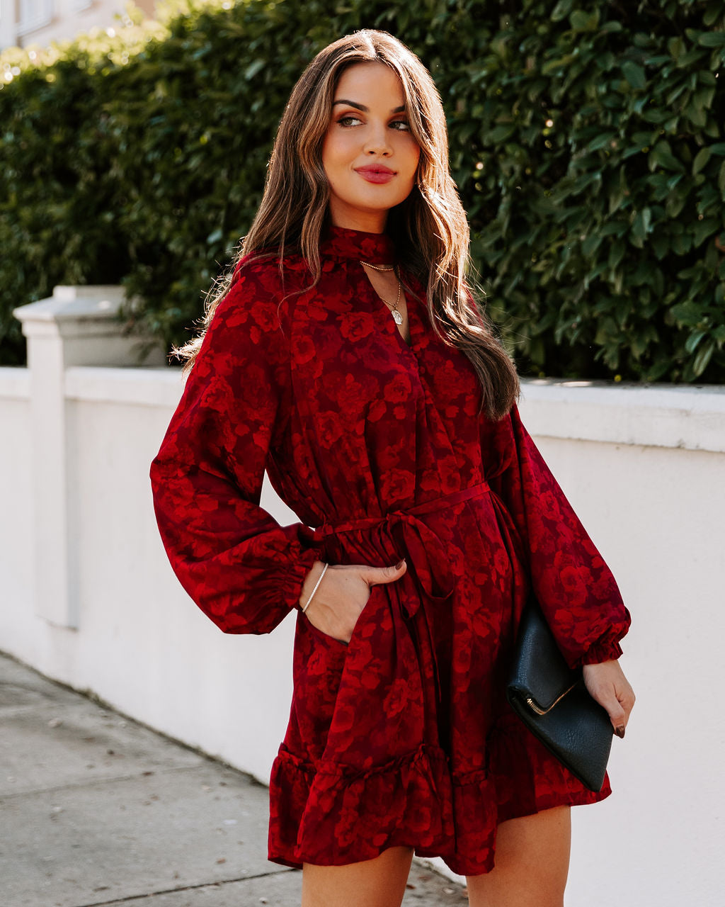 Mock Neck Keyhole Button Floral Jacquard Balloon Sleeve Tie Waist Mini Dress