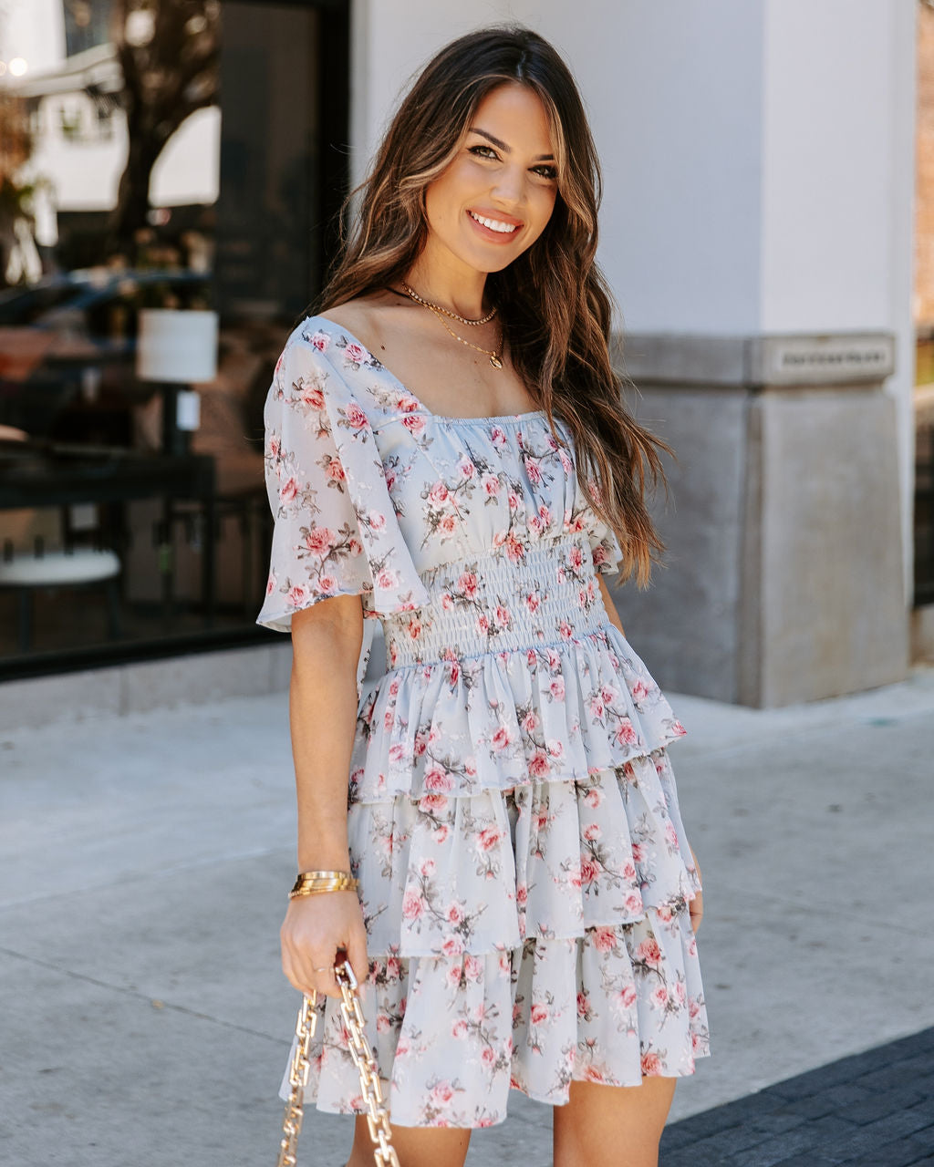 Square Neck Flutter Sleeve Smocked Waist Tiered Ruffle Floral Mini Dress