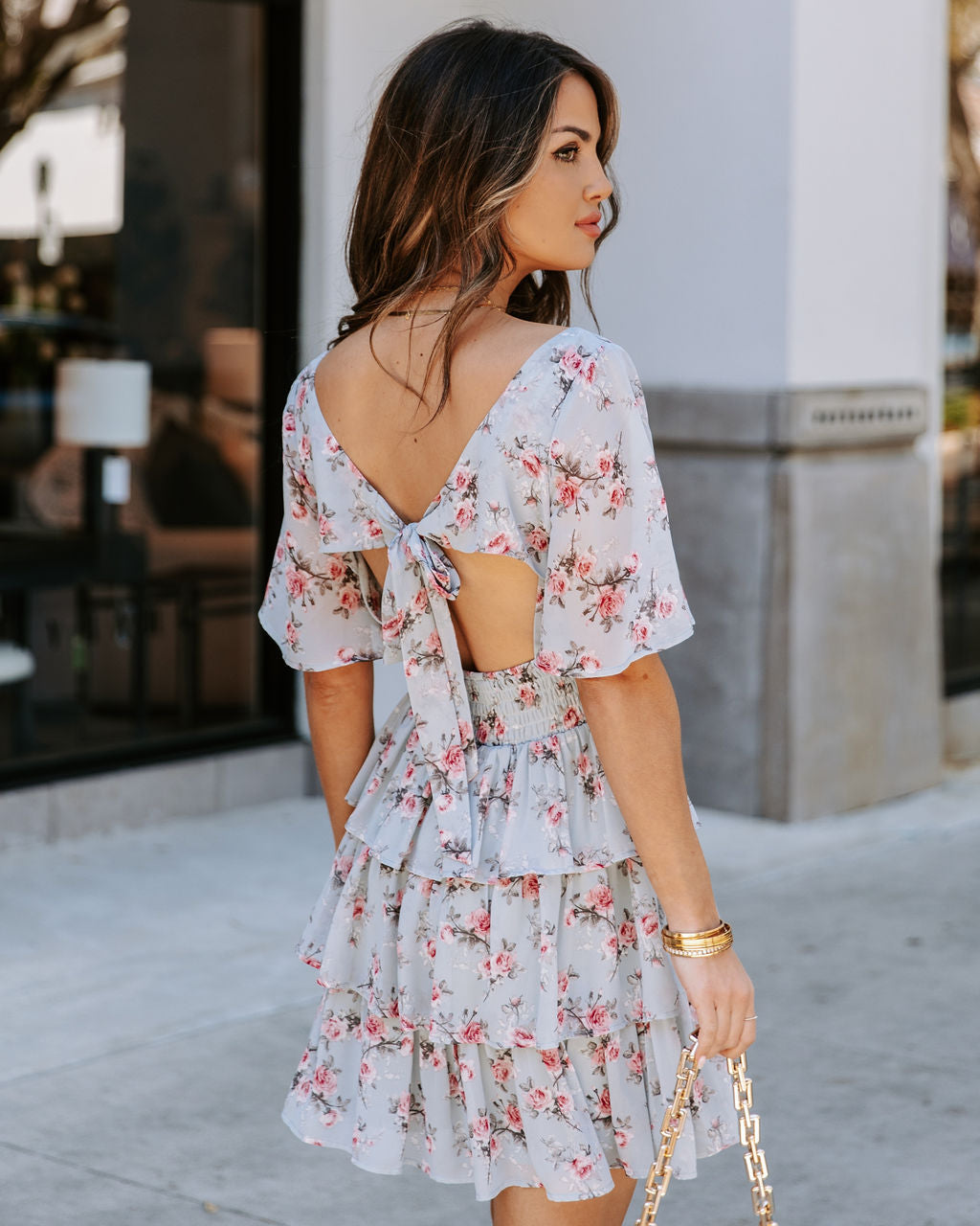 Square Neck Flutter Sleeve Smocked Waist Tiered Ruffle Floral Mini Dress