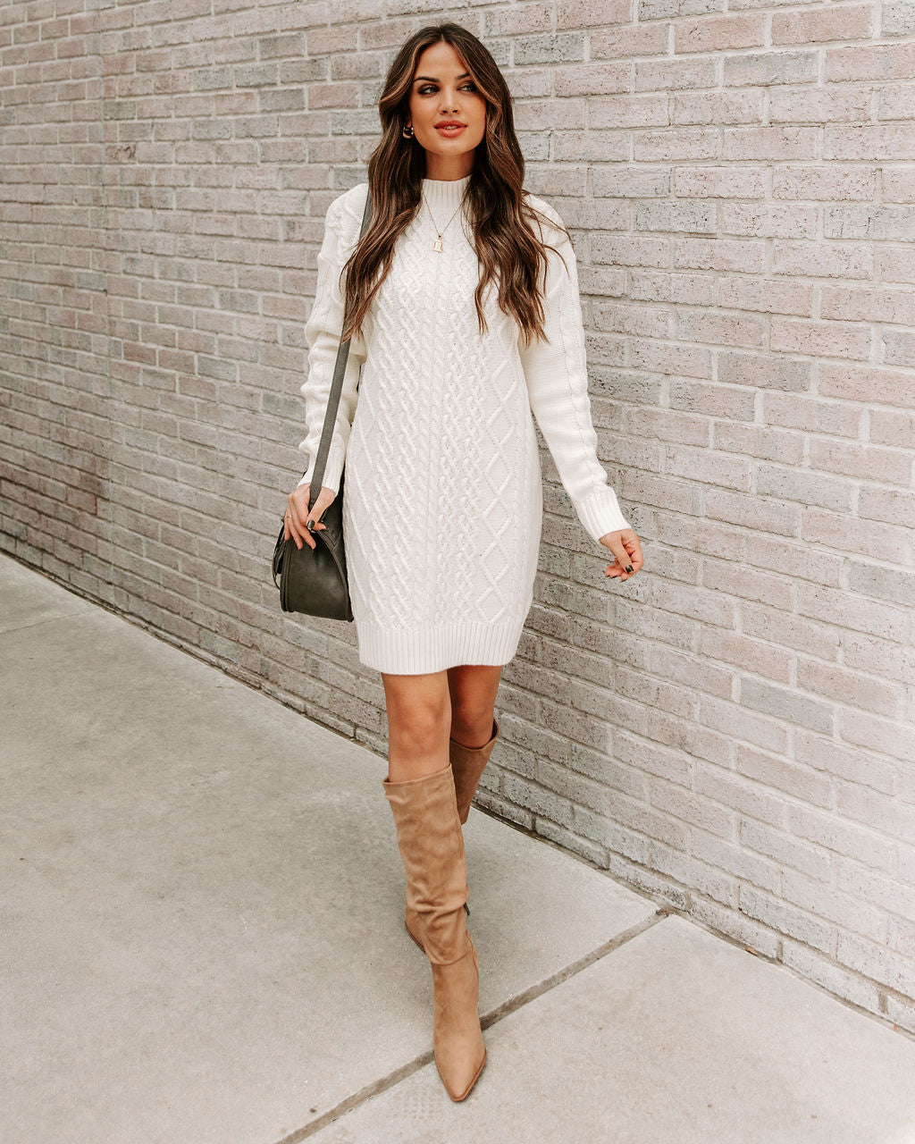 Cable Knit Mock Neck Long Sleeve Mini Sweater Dress