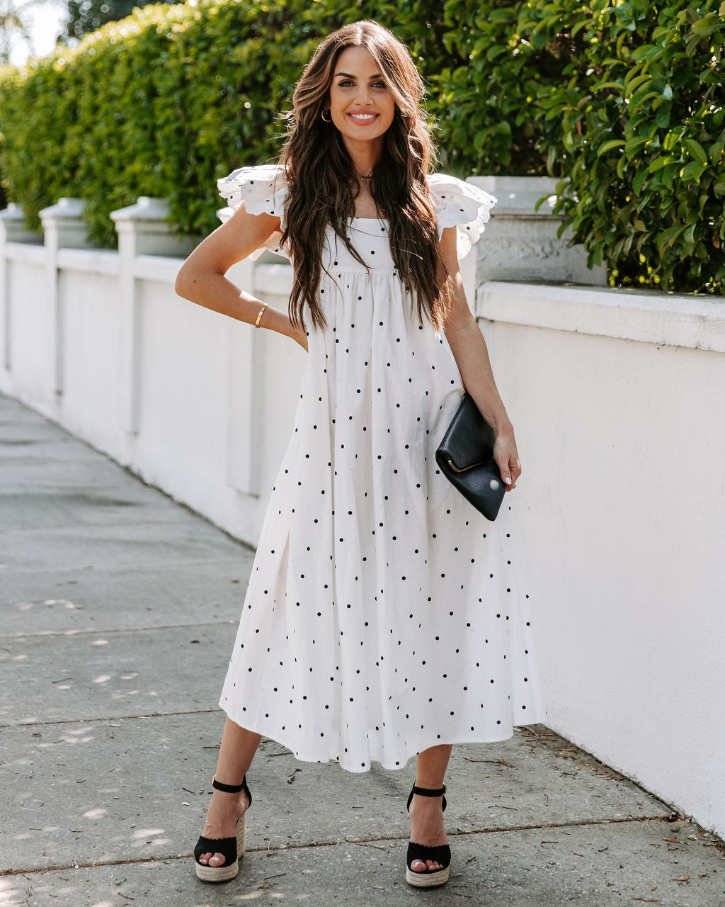 Square Neck Ruffle Flutter Sleeve Eyelet Trim Empire Waist Pocket Midi Dress