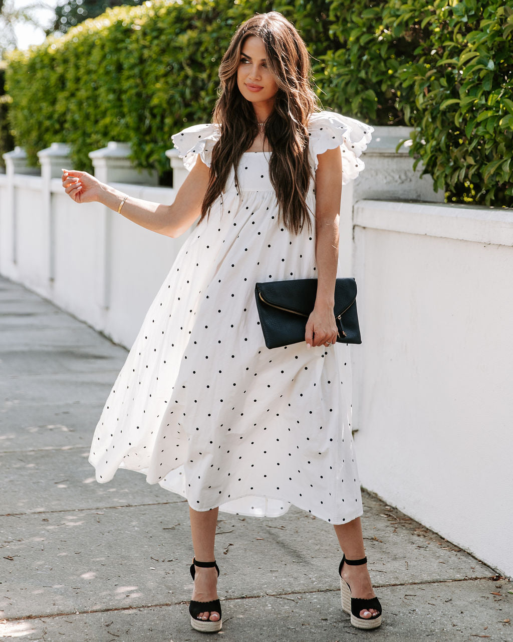 Square Neck Ruffle Flutter Sleeve Eyelet Trim Empire Waist Pocket Midi Dress