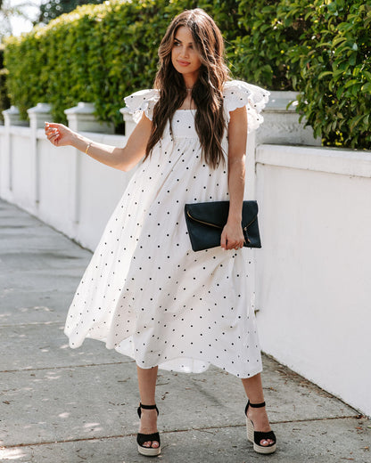 Square Neck Ruffle Flutter Sleeve Eyelet Trim Empire Waist Pocket Midi Dress