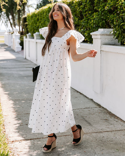 Square Neck Ruffle Flutter Sleeve Eyelet Trim Empire Waist Pocket Midi Dress