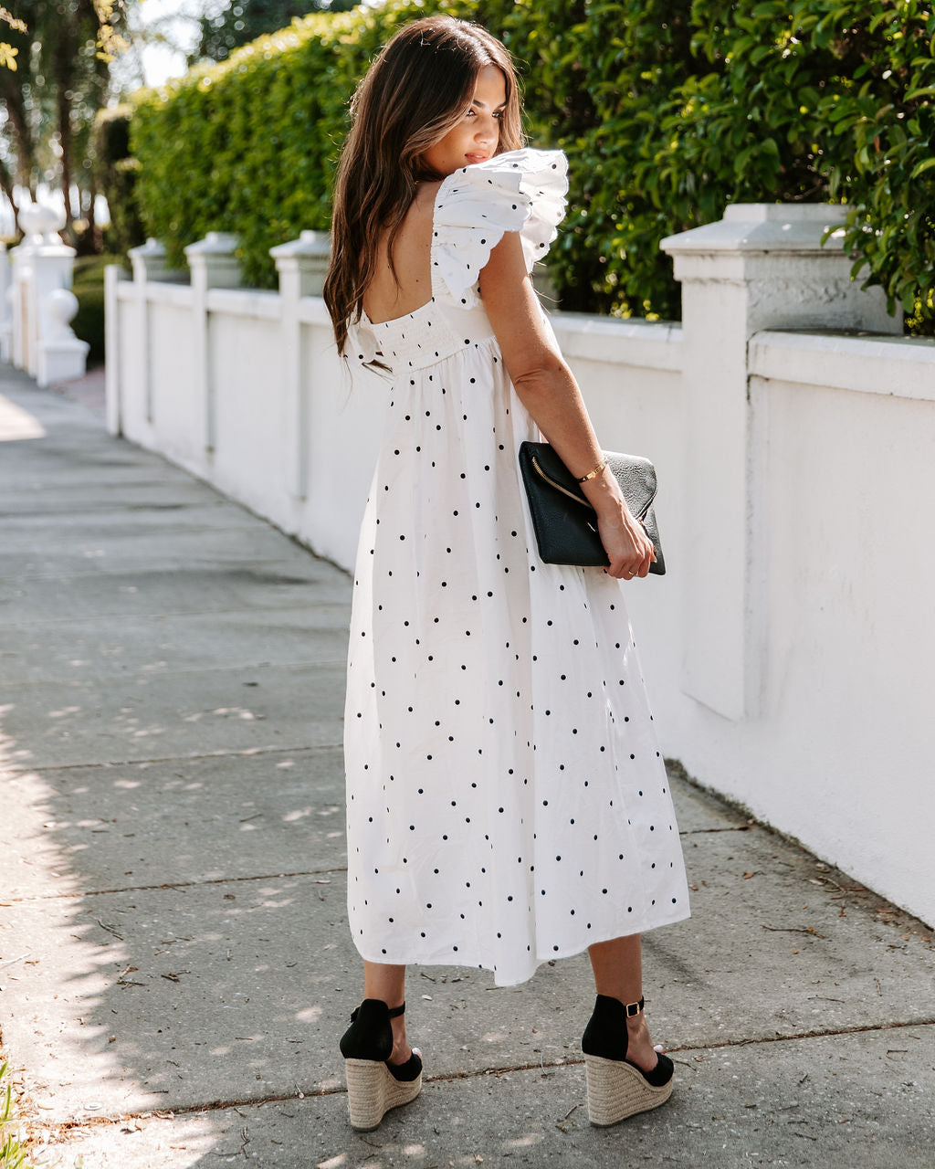 Square Neck Ruffle Flutter Sleeve Eyelet Trim Empire Waist Pocket Midi Dress
