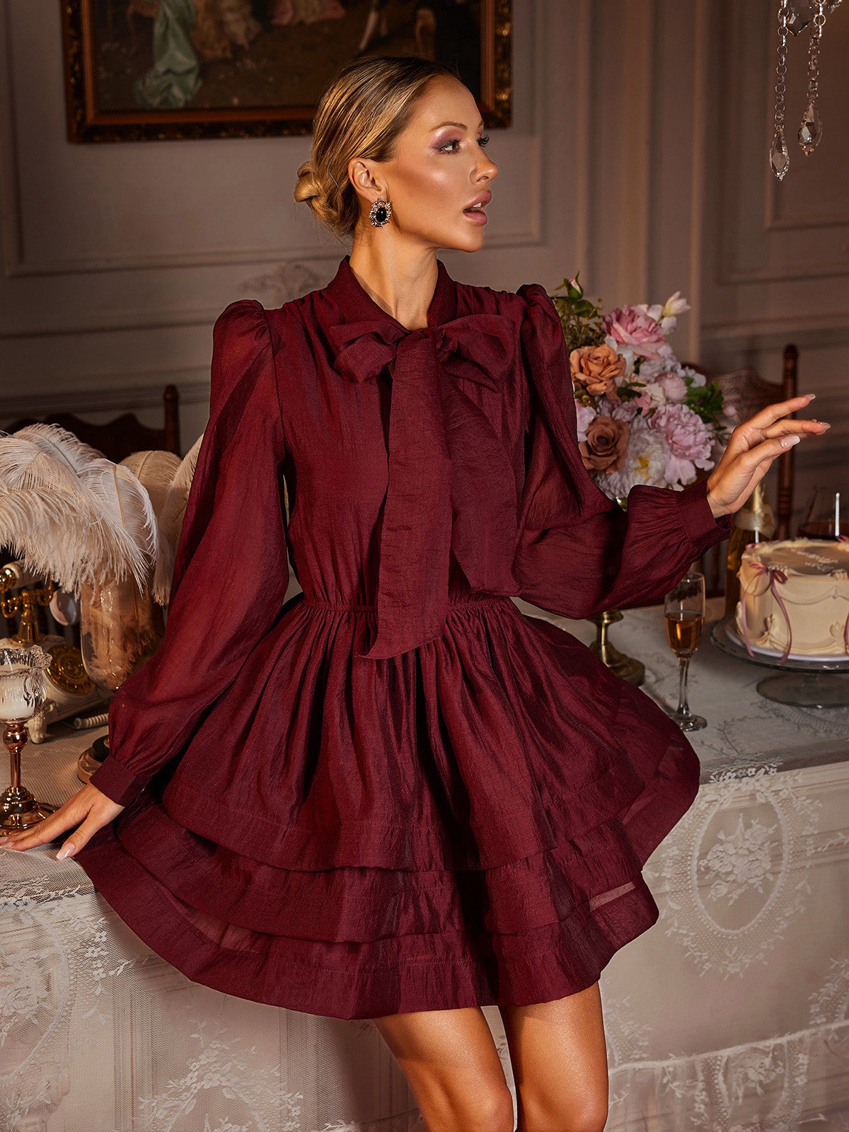 Pussy Bow Collar Balloon Sleeve Tiered Ruffle Mini Dress