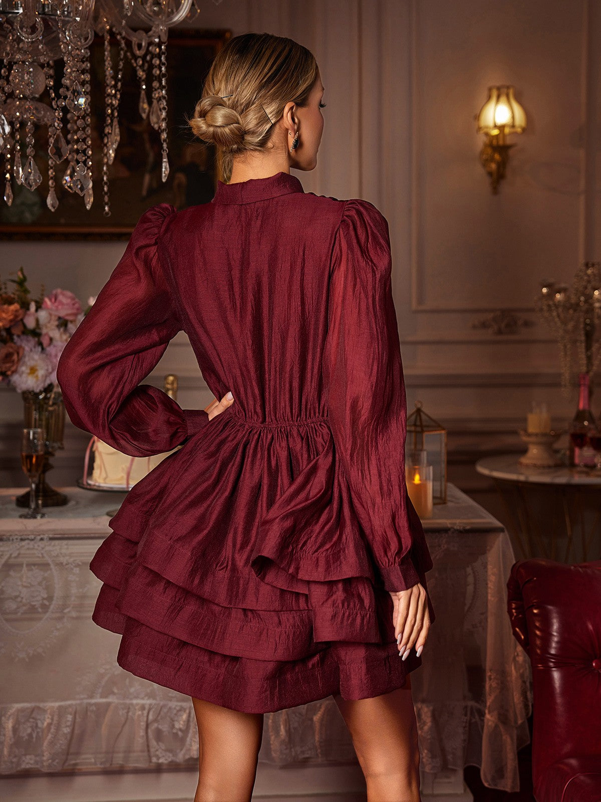 Pussy Bow Collar Balloon Sleeve Tiered Ruffle Mini Dress