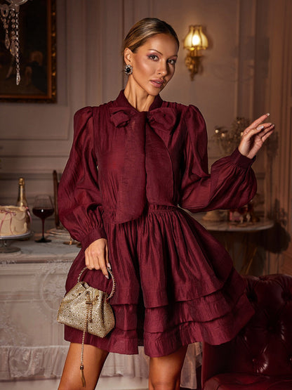 Pussy Bow Collar Balloon Sleeve Tiered Ruffle Mini Dress
