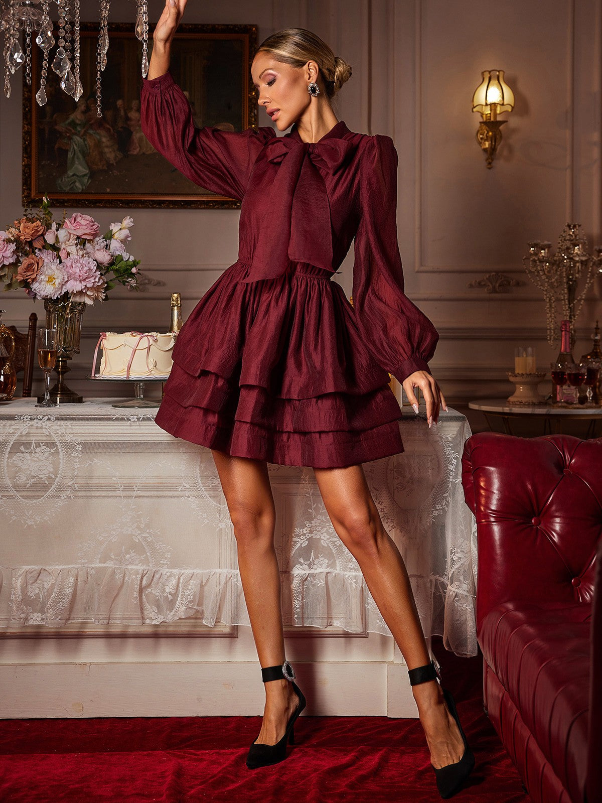 Pussy Bow Collar Balloon Sleeve Tiered Ruffle Mini Dress