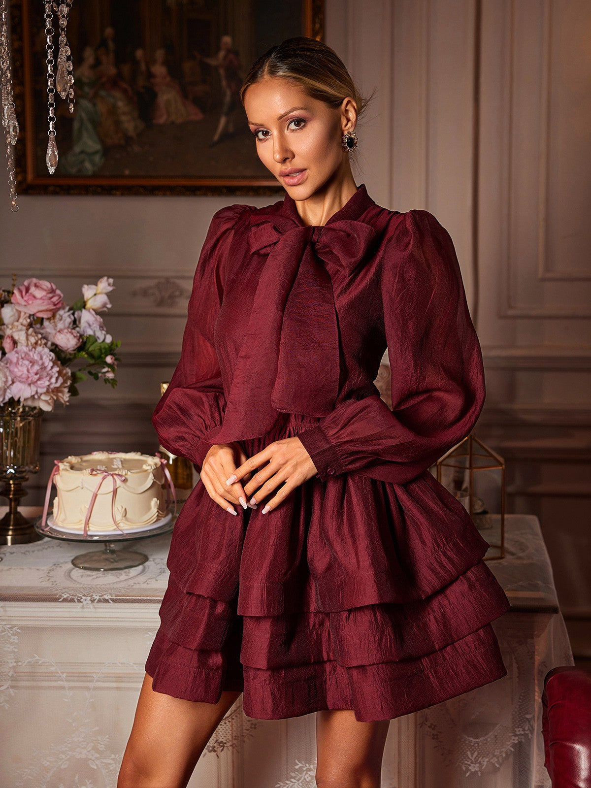Pussy Bow Collar Balloon Sleeve Tiered Ruffle Mini Dress