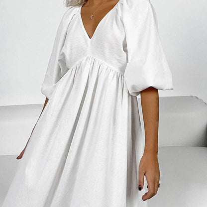 V Neck Puff Sleeve Empire Waist Pleated Hollow Backless Midi Dress