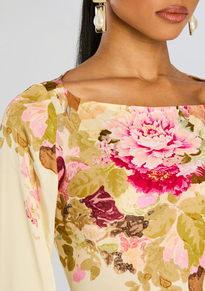 Boat Neck Floral Print Long Sleeve Bell Cuff Bodycon Maxi Dress