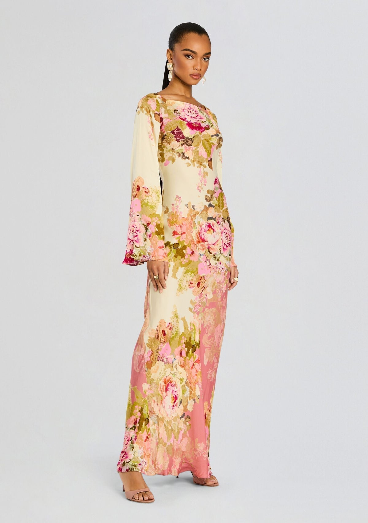 Boat Neck Floral Print Long Sleeve Bell Cuff Bodycon Maxi Dress