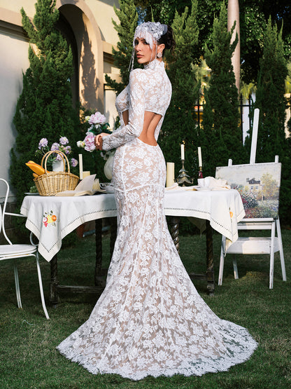 Mock Neck Long Sleeve Lace Cutout Maxi Gown