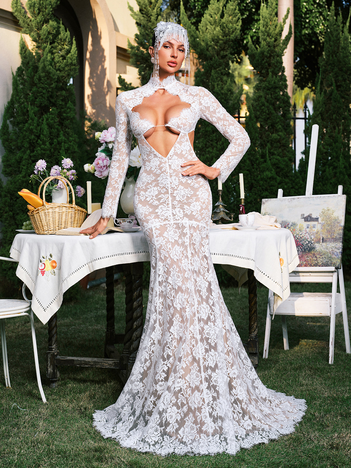 Mock Neck Long Sleeve Lace Cutout Maxi Gown