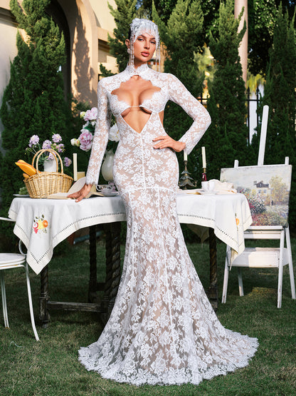Mock Neck Long Sleeve Lace Cutout Maxi Gown