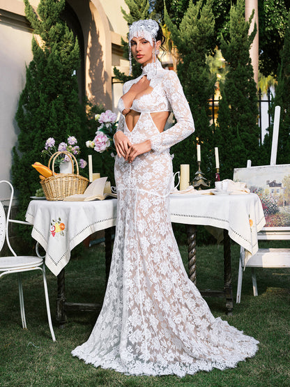 Mock Neck Long Sleeve Lace Cutout Maxi Gown