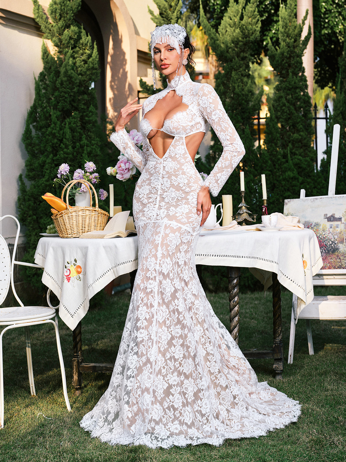 Mock Neck Long Sleeve Lace Cutout Maxi Gown