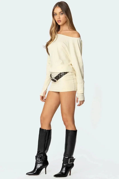 Off Shoulder Long Sleeve Blouson Mini Dress