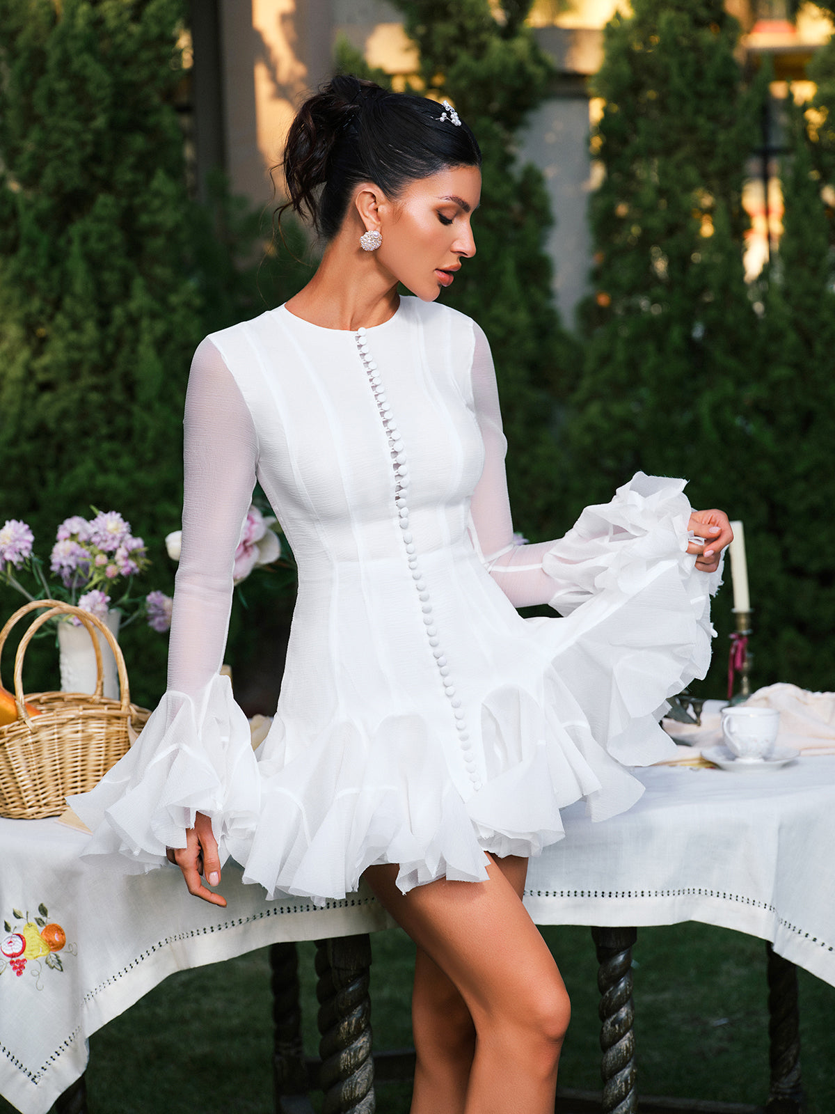 Flare Sleeve Button Mini Dress