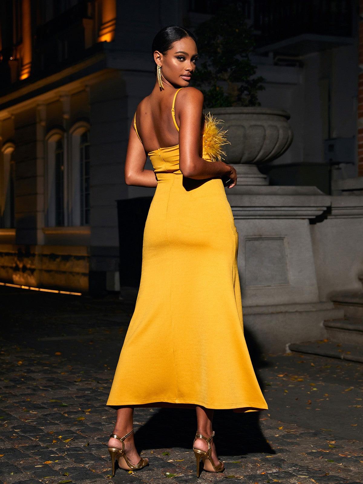 Spaghetti Strap Feather Trim Column Maxi Gown