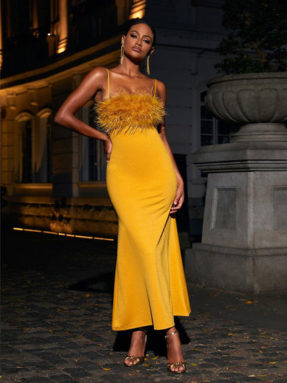 Spaghetti Strap Feather Trim Column Maxi Gown